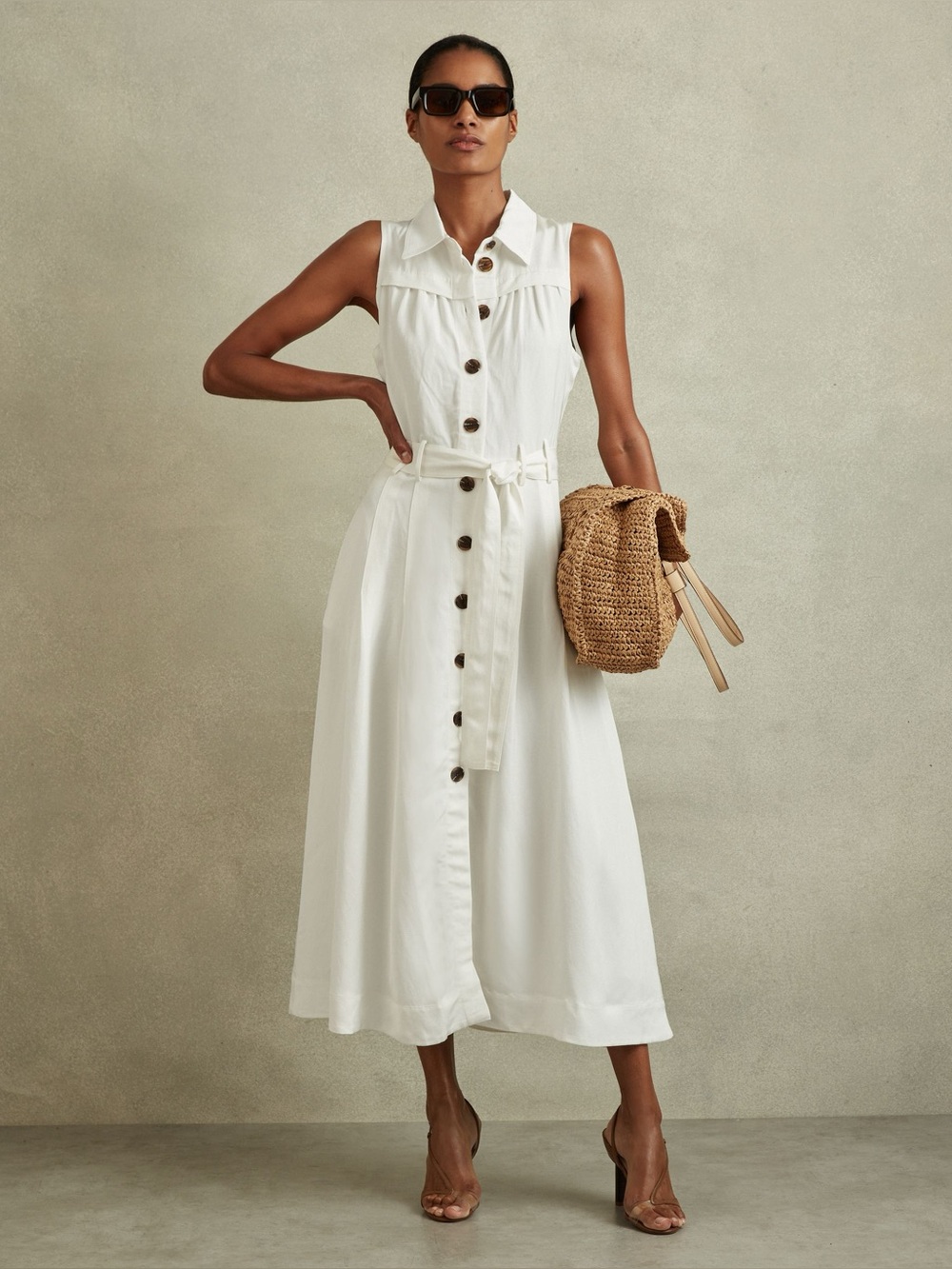 Reiss NWT $298 Viscose-Linen Blend Belted Midi Dress in White size 14